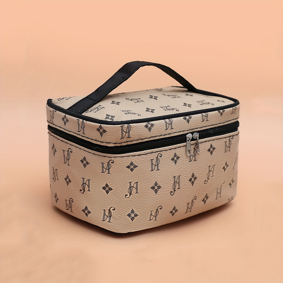 Minimalist Faux Leather Makeup Bag, Beige with Black Handles & Zipper, Compact Square Cosmetic Case and Portable Toiletry Organizer