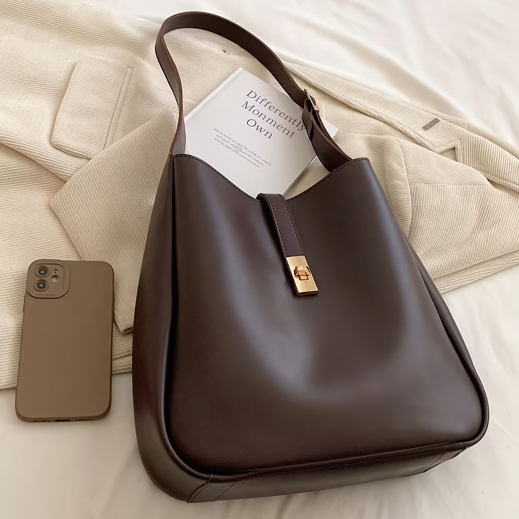 Faux Leather Tote Bag with Twist Lock – Convertible Shoulder & Crossbody Handbag for Women (Khaki, Coffee, White)