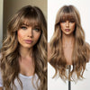 Women's Long Wavy Brown Wig with Bangs, Natural Body Wave Synthetic Hair, Lightweight Adjustable Rose Net Cap for Everyday & Party