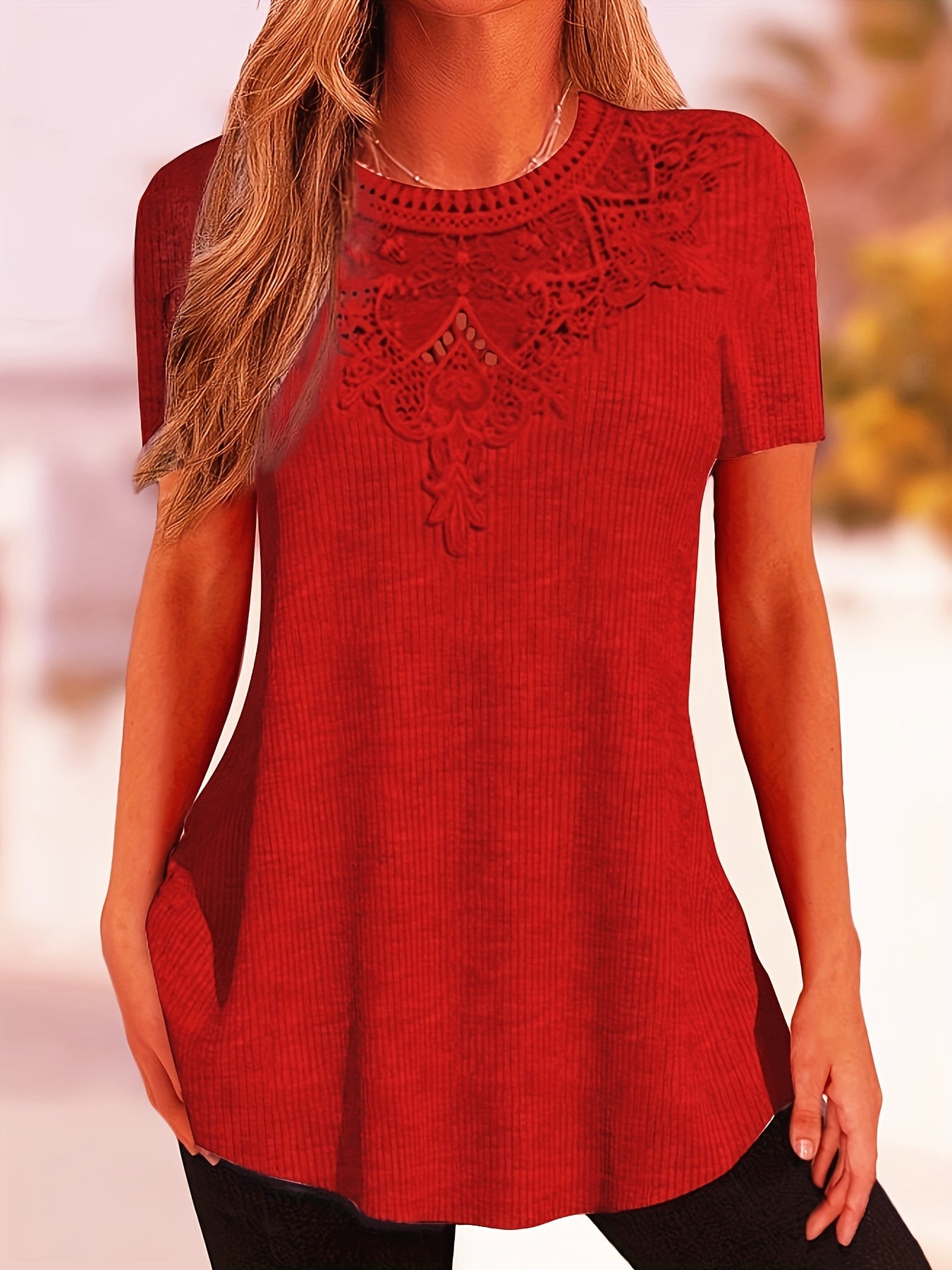 Women's Summer Lace-Trim Pullover Top - Light Gray Short Sleeve Casual Blouse, Medium Stretch, Machine Washable