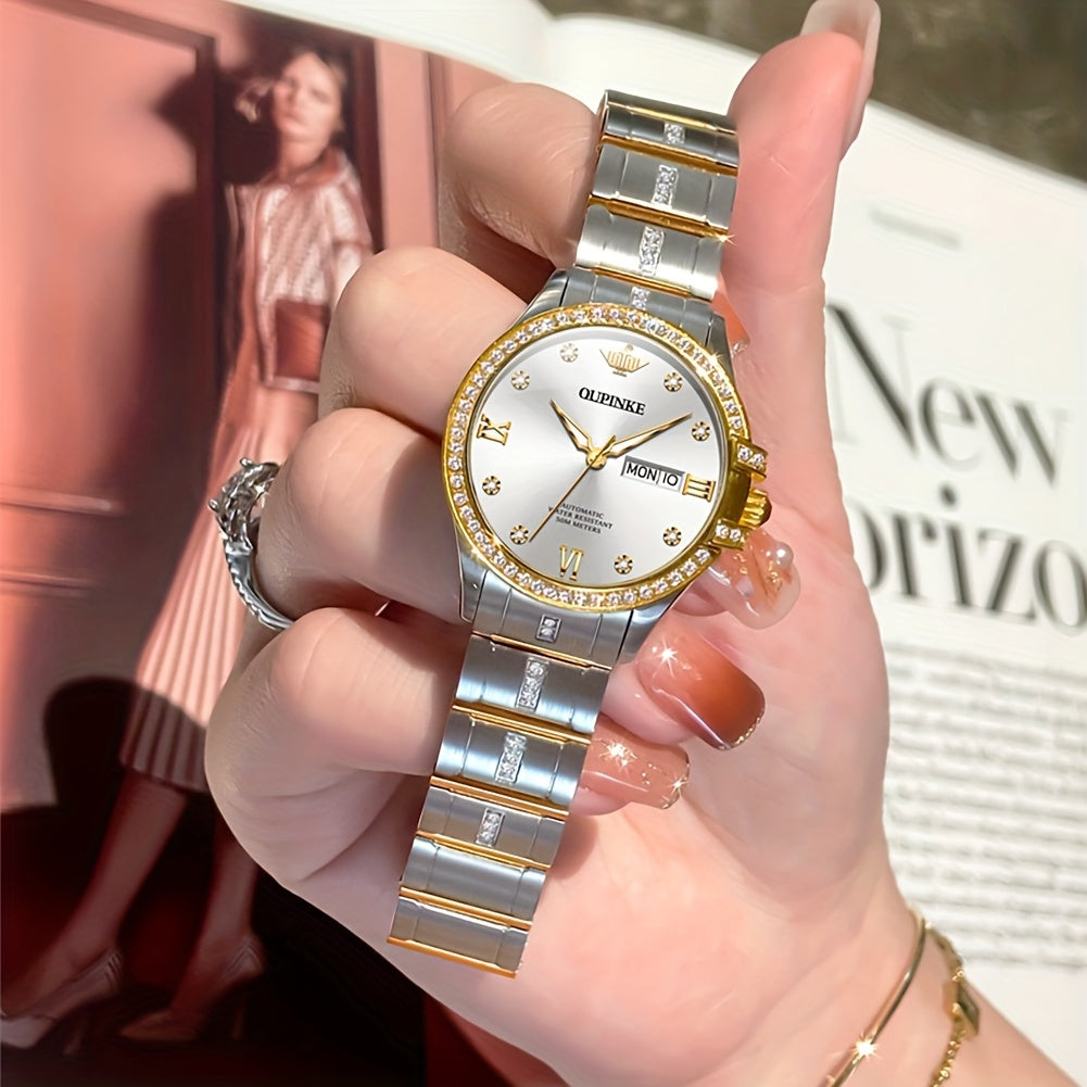 OUPINKE Women's Automatic Mechanical Watch – Two-Tone Stainless Steel, Luminous Dial, Day & Date Dress Watch