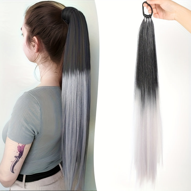 28-Inch (71 cm) Long Straight Synthetic Ponytail Extension, Wrap-Around Boxing Braid with Elastic Hair Ring for DIY