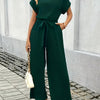 Women's Black Summer Jumpsuit - Crew Neck Short Sleeve Wide-Leg Palazzo with Elastic Waist & Belt, 100% Polyester