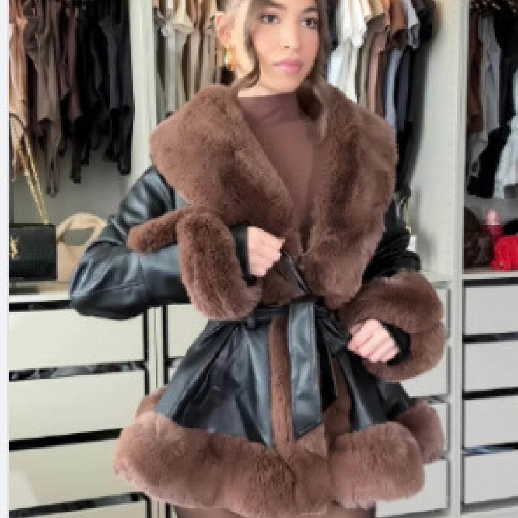 Thickened Waist-Defining PU Leather Coat – Women's Slim V-Neck Long Sleeve Jacket with Pockets, Tummy Control Outerwear