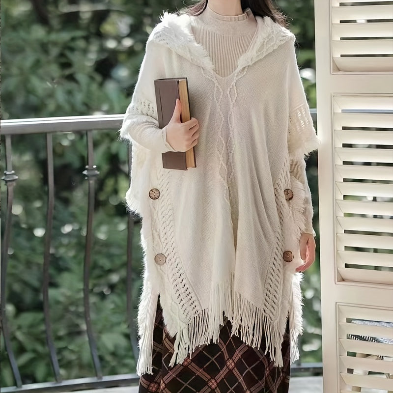 White Boho Fringe Shawl for Women – Lightweight Polyester Wrap, Breathable Sun-Proof Cover-Up for Spring & Autumn
