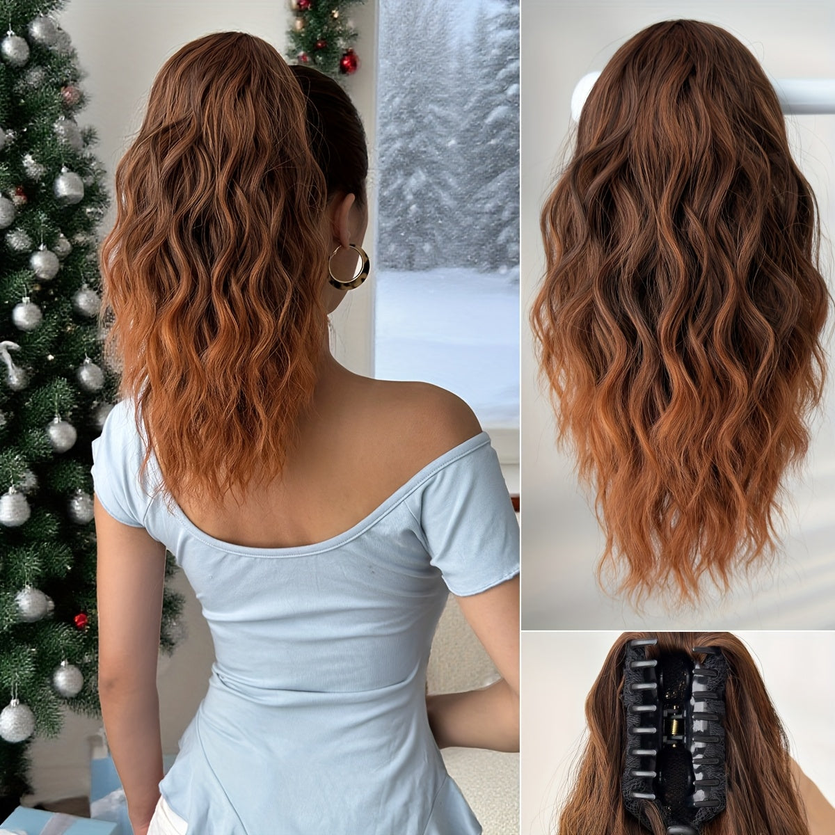 16-Inch (40 cm) Water Wave Claw Ponytail Extension – Heat Resistant Ombre Synthetic Hairpiece for Women