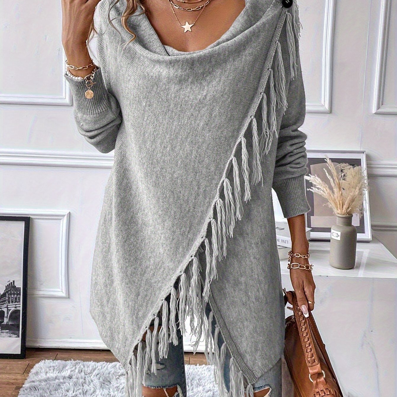 Women's Fringe Tassel Draped Neckline Shawl Wrap - Knit Polyester Fall/Winter