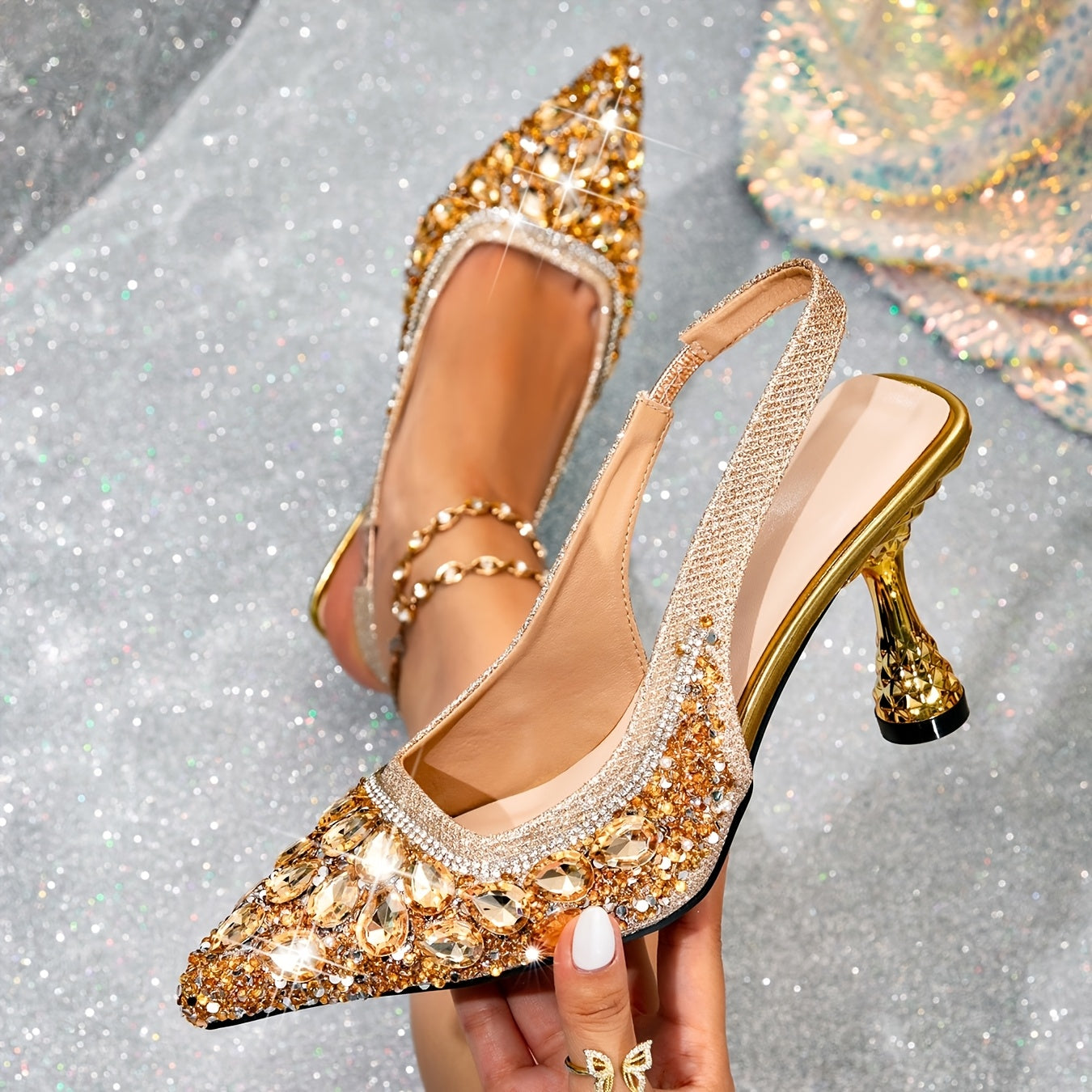 Women's Silver Pointed Toe D'Orsay High Heels - Rhinestone & Pearl Embellished Flare Heel Evening Pumps