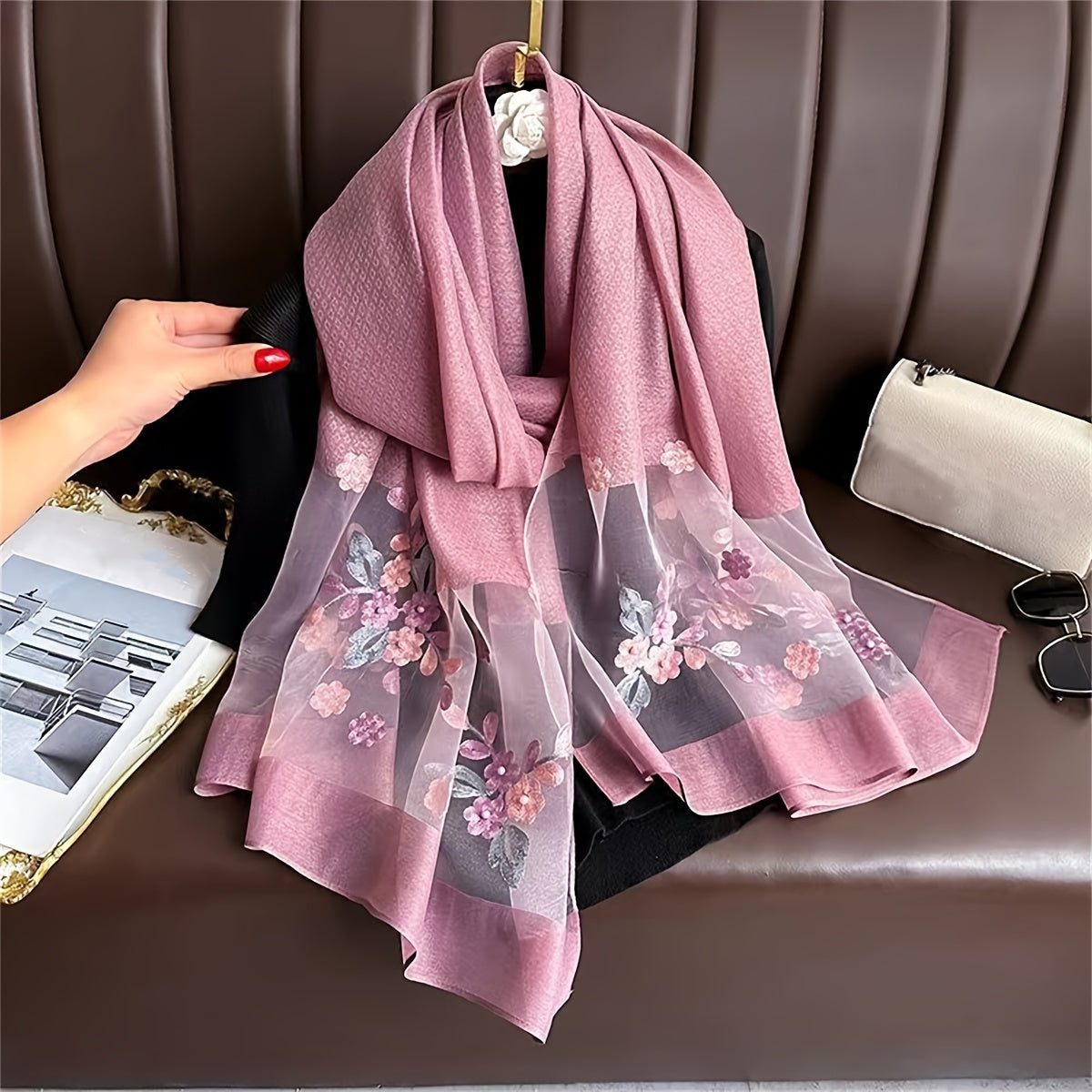 Embroidered Floral Scarf Lightweight Breathable Sunscreen Travel Shawl for Women