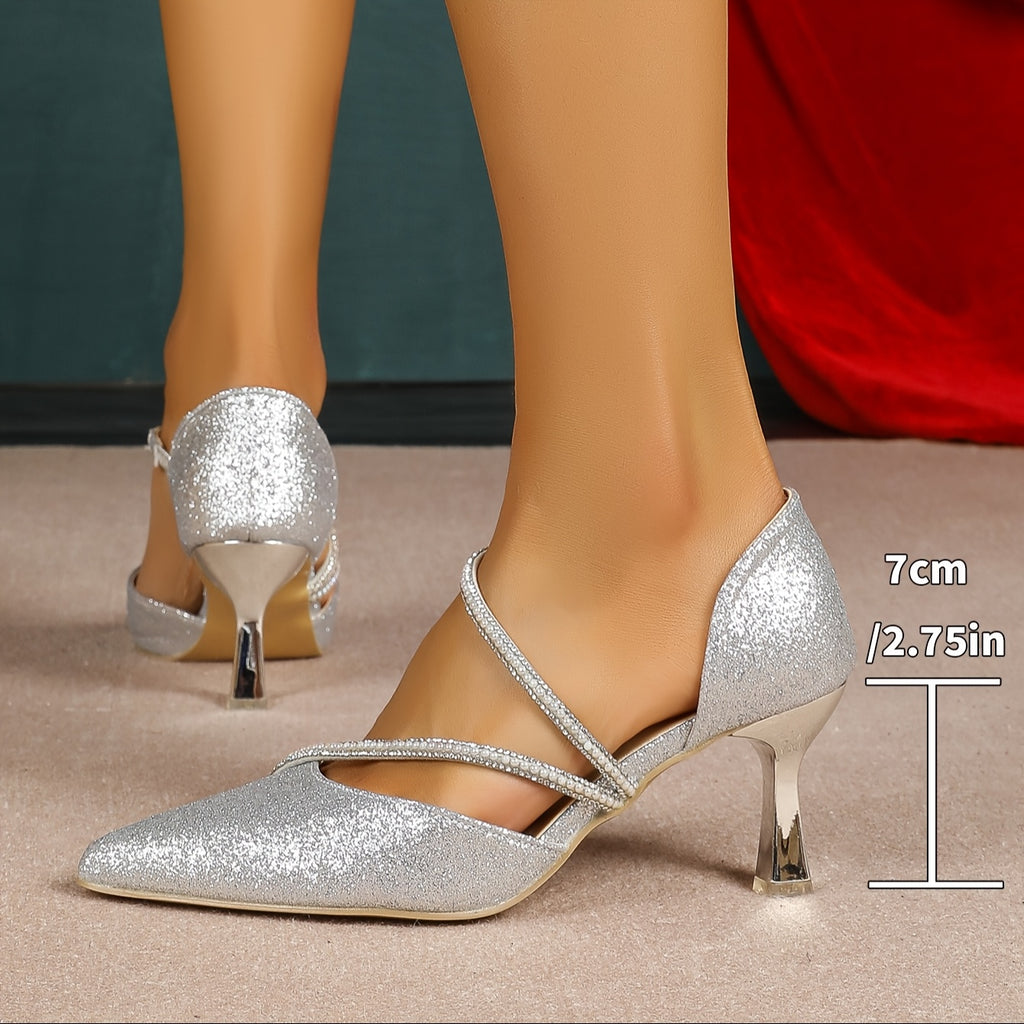 Women's Pointed Toe Stiletto Heels – Silvery Gradient Glitter Hollow-Back Single-Strap Pumps