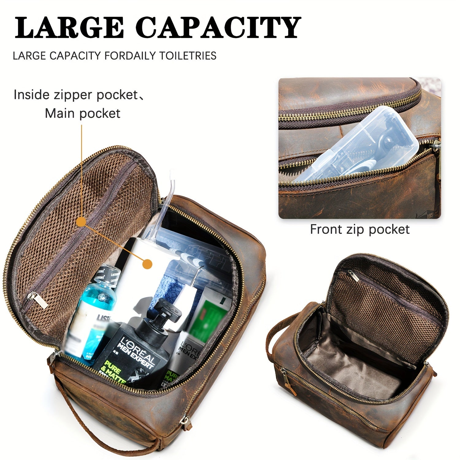 Top-Grain Cowhide Leather Men's Retro Dopp Kit Toiletry Bag – Zippered Multi-Compartment