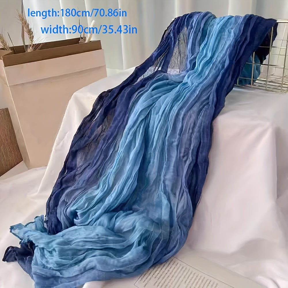 Gradient Blue Pleated Scarf - Lightweight Breathable Viscose Shawl Wrap, Boho Beach & Casual Long Scarf