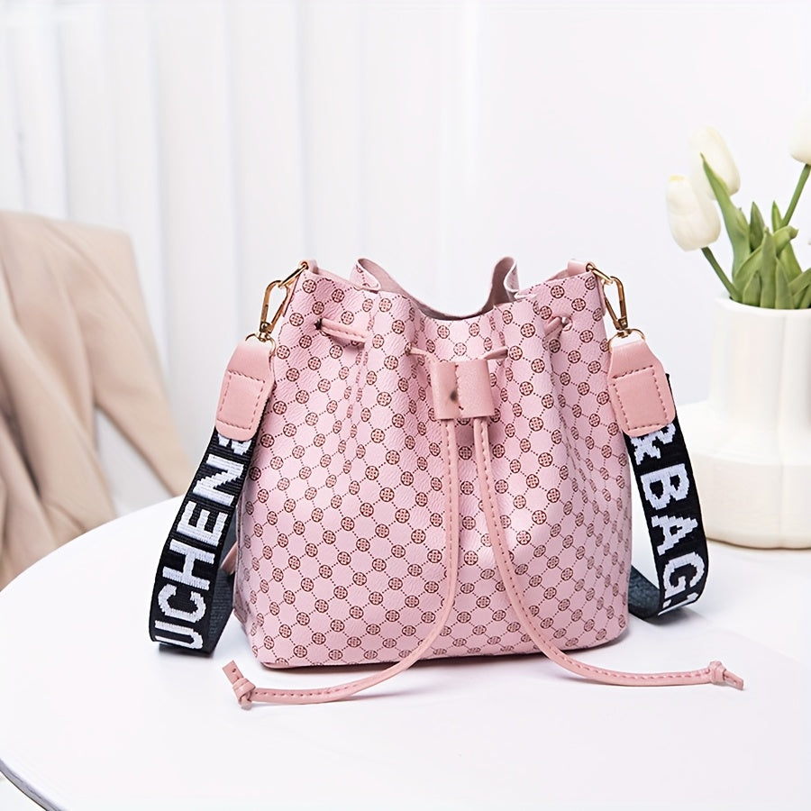 Women's PU Bucket Bag - Large Capacity Drawstring Crossbody & Shoulder Bag with Geometric Print