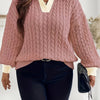 Women's Plus Size Soft Stretch Winter Sweater - Knit Pullover with Lapel Collar, Solid Color Elegant Middle Eastern-Inspired Design