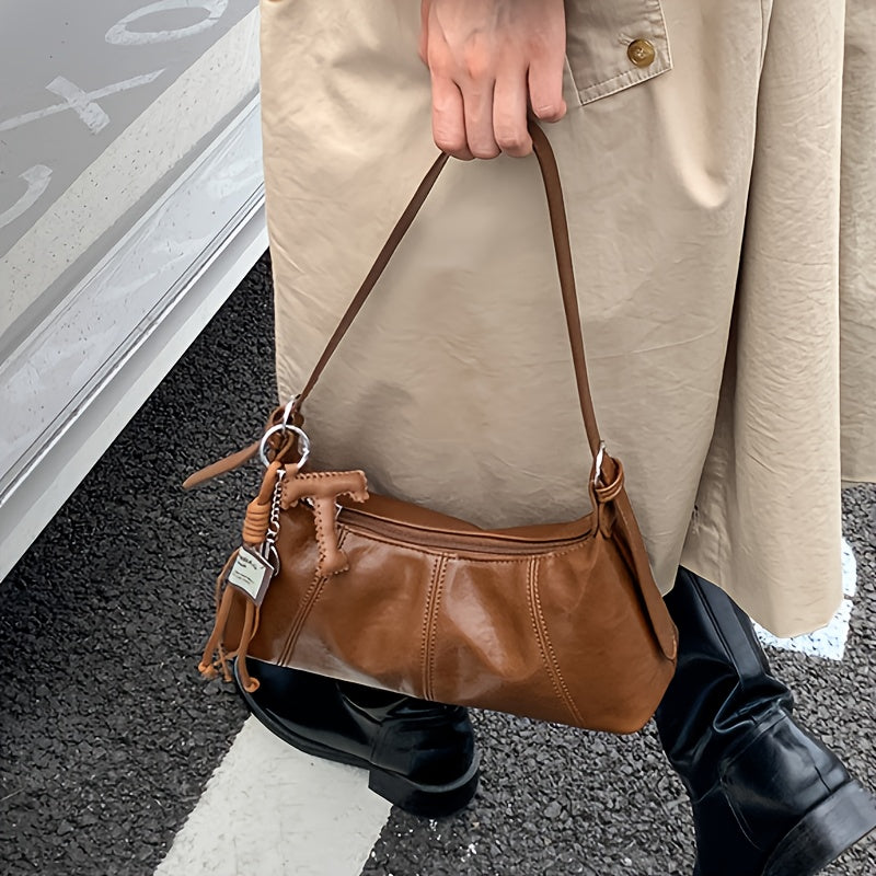 Women’s Vintage Baguette Crossbody Bag - Dark Brown, Adjustable Strap & Zipper Closure Handbag for Work & Parties