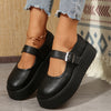Retro Women's Loafers, Thick Sole Slip-On Round Toe with Ankle Strap, Rubber Sole Faux Upper for Spring and Fall