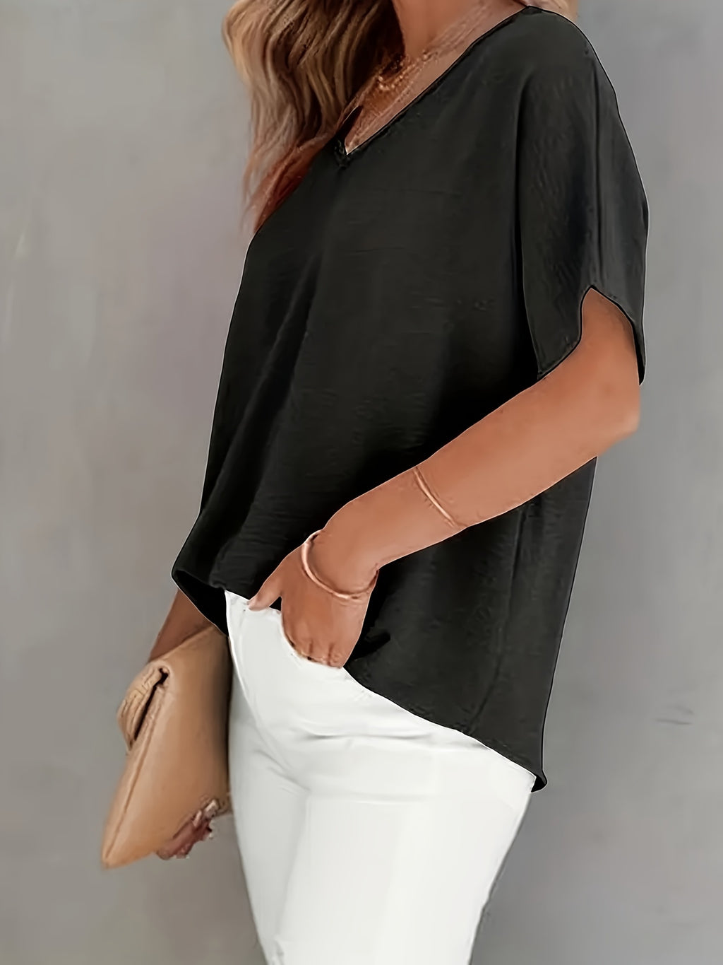 Women's Black V-Neck Blouse – Lightweight Semi-Sheer Polyester Top for Office & Casual Wear, Machine Washable