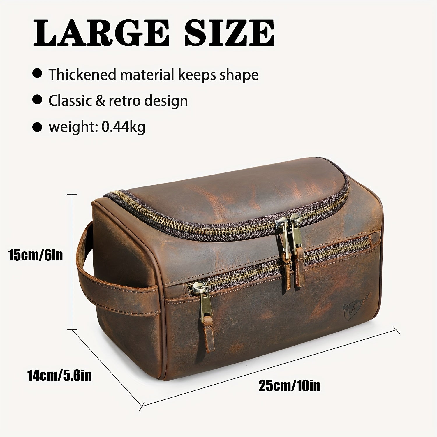 Top-Grain Cowhide Leather Men's Retro Dopp Kit Toiletry Bag – Zippered Multi-Compartment