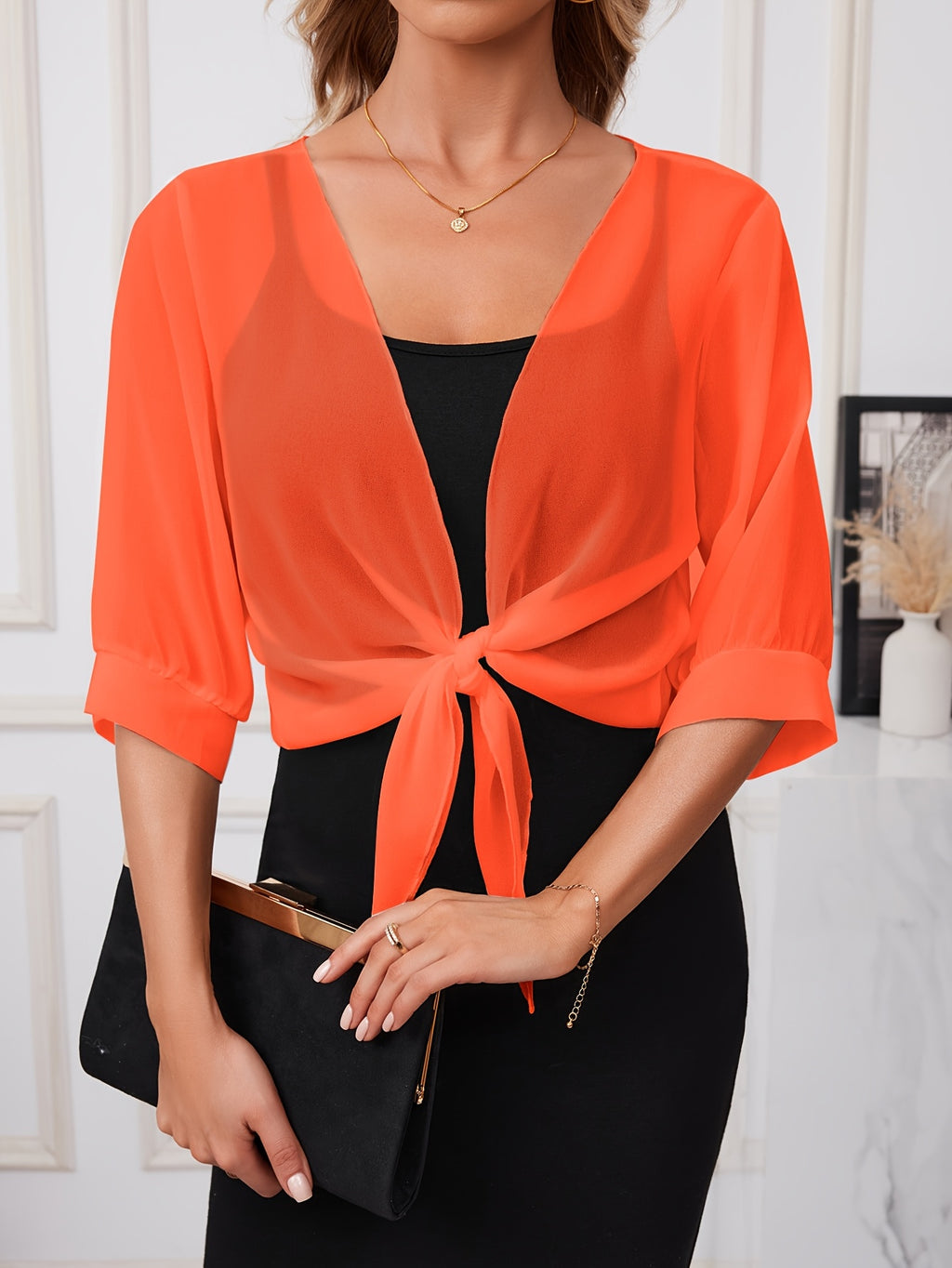 Lightweight Breathable Shawl Wrap with Tie-Front – Semi-Sheer Polyester Dress Accessory for Spring Summer Fall