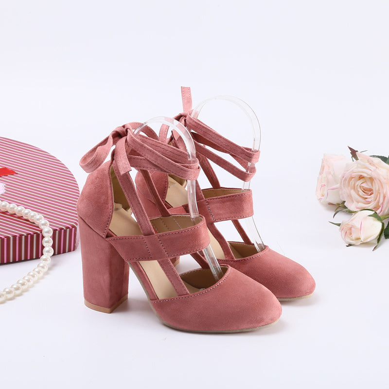 Elegant Women's High Heel Ankle-Strap Sandals – Fabric Upper, Round Toe, Lace-Up Block Heel, Rubber Sole