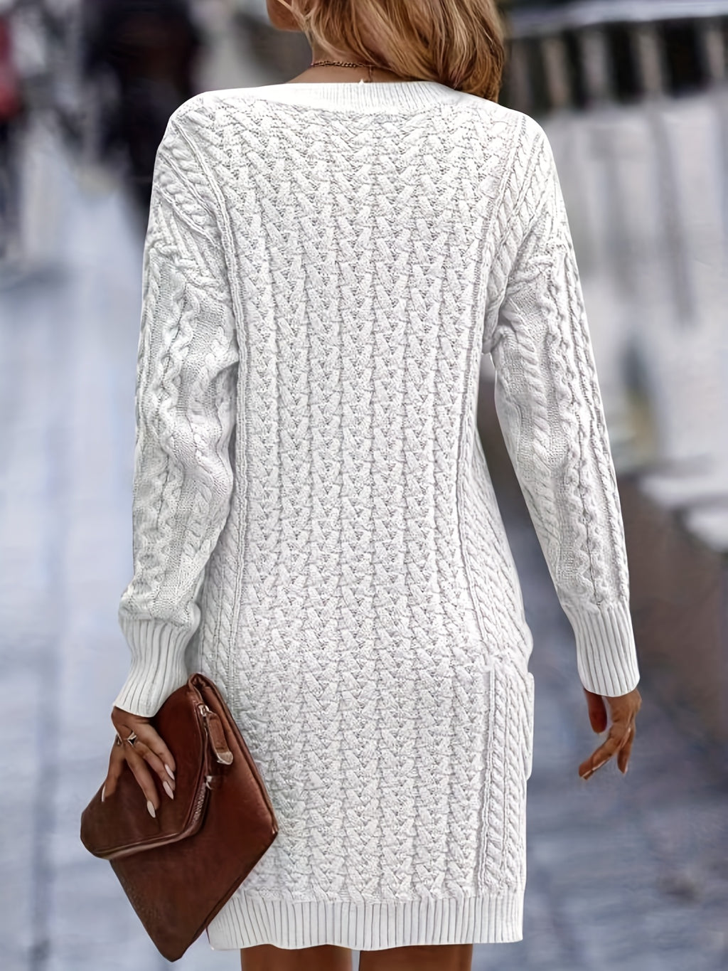 Women's V-Neck Cable Knit Midi Sweater Dress - Soft Pink Long Sleeve Bodycon, All-Season Office and Casual