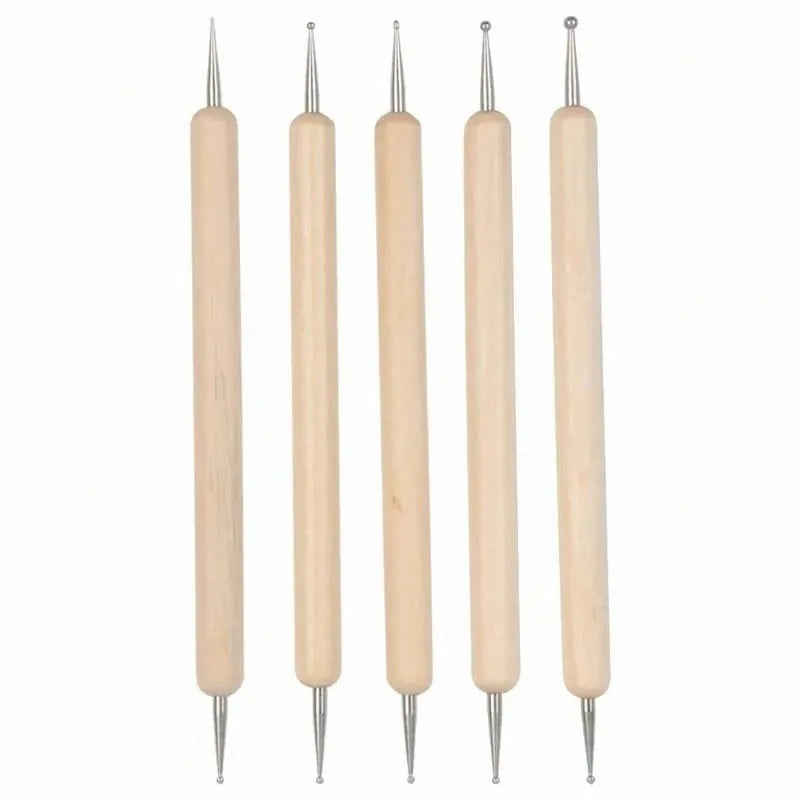Dual-End Wooden Dotting Pen 5-Pack — Marbleizing Nail Art Tools for Manicure