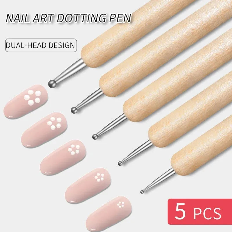 Dual-End Wooden Dotting Pen 5-Pack — Marbleizing Nail Art Tools for Manicure