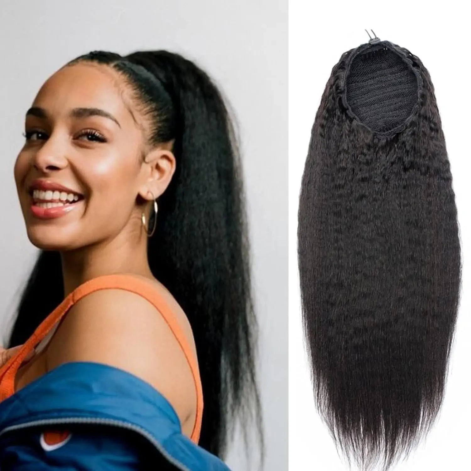Kinky Straight Wrap-Around Drawstring Ponytail 100% Remy Brazilian Human Hair Extension Natural Black (1B)