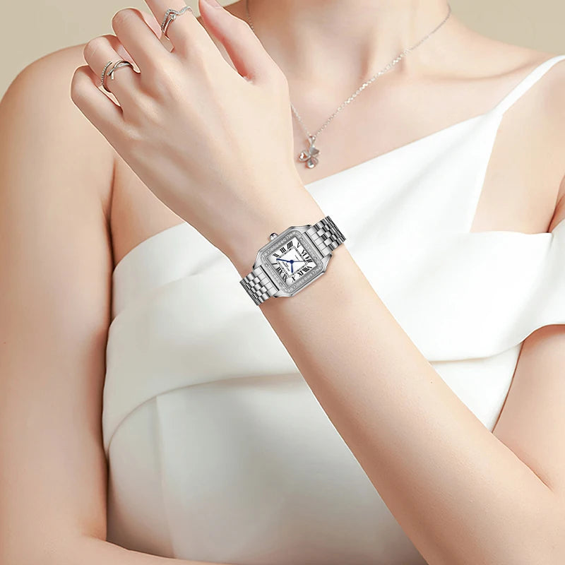 ROLENDO Women's Gold Square Santos-Style Watch 33mm Sapphire Crystal Zircon Accents Roman Dial 50M Automatic