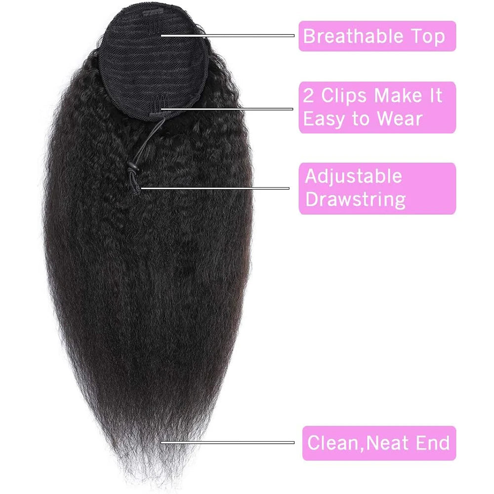 Kinky Straight Wrap-Around Drawstring Ponytail 100% Remy Brazilian Human Hair Extension Natural Black (1B)