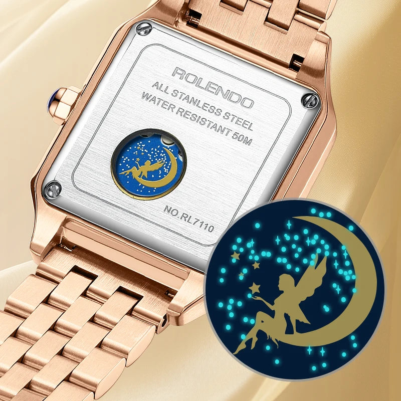 ROLENDO Women's Gold Square Santos-Style Watch 33mm Sapphire Crystal Zircon Accents Roman Dial 50M Automatic
