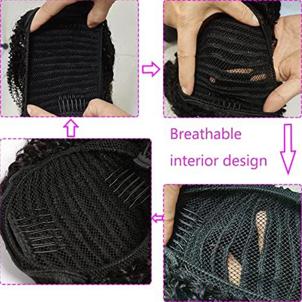 Kinky Straight Wrap-Around Drawstring Ponytail 100% Remy Brazilian Human Hair Extension Natural Black (1B)