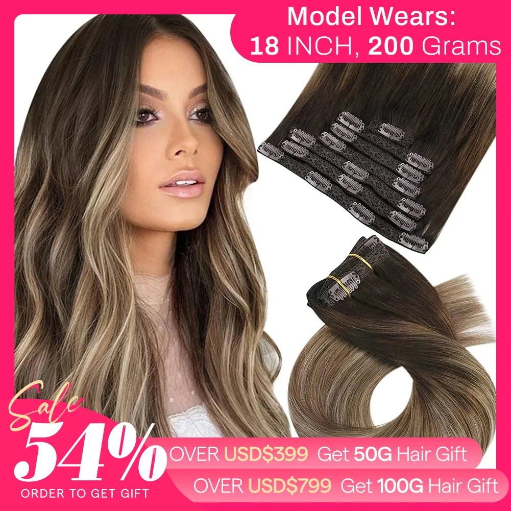Moresoo Brazilian Remy Clip-In Human Hair Extensions – Straight 5PC or 7PC Set, 10–24 in (25–61 cm)
