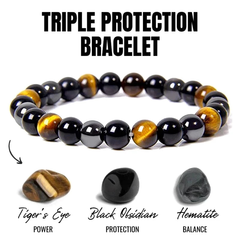 Natural Black Obsidian Hematite Tiger Eye Beaded Bracelet - Unisex Magnetic Stone Bracelet