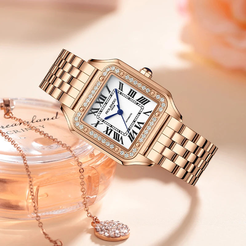 ROLENDO Women's Gold Square Santos-Style Watch 33mm Sapphire Crystal Zircon Accents Roman Dial 50M Automatic