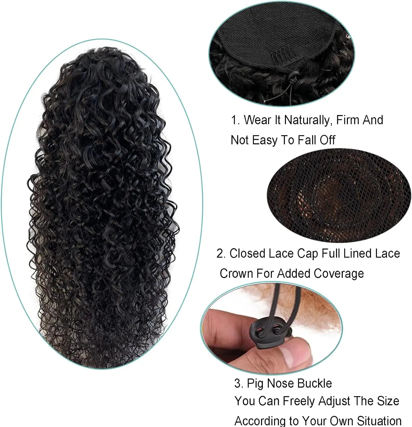 Deep Wave Drawstring Ponytail 26 in (66 cm) 100% Remy Brazilian Human Hair Clip-In Hairpiece - Natural Black