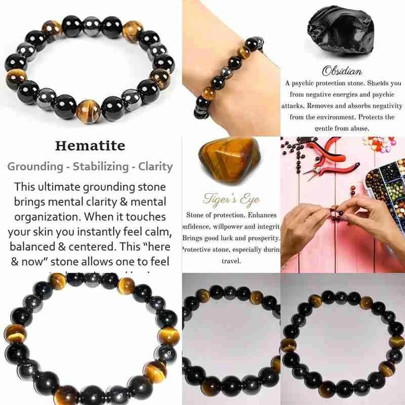 Natural Black Obsidian Hematite Tiger Eye Beaded Bracelet - Unisex Magnetic Stone Bracelet