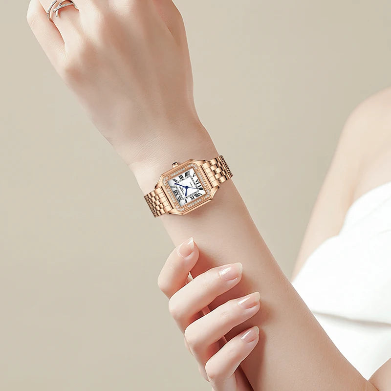 ROLENDO Women's Gold Square Santos-Style Watch 33mm Sapphire Crystal Zircon Accents Roman Dial 50M Automatic