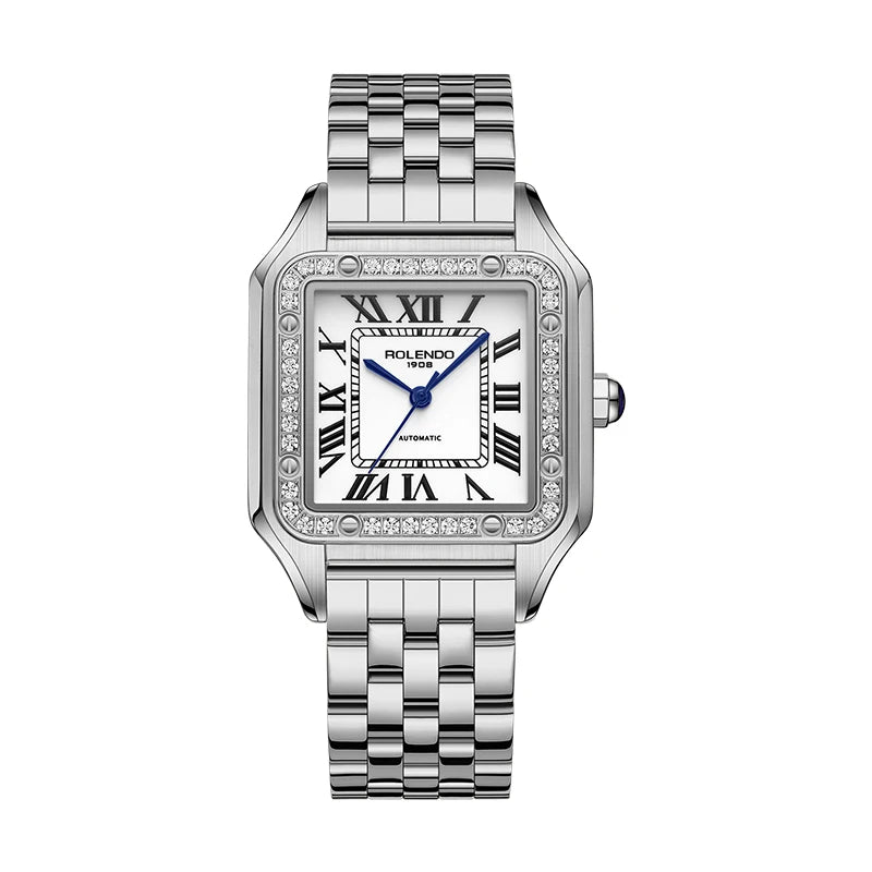 ROLENDO Women's Gold Square Santos-Style Watch 33mm Sapphire Crystal Zircon Accents Roman Dial 50M Automatic