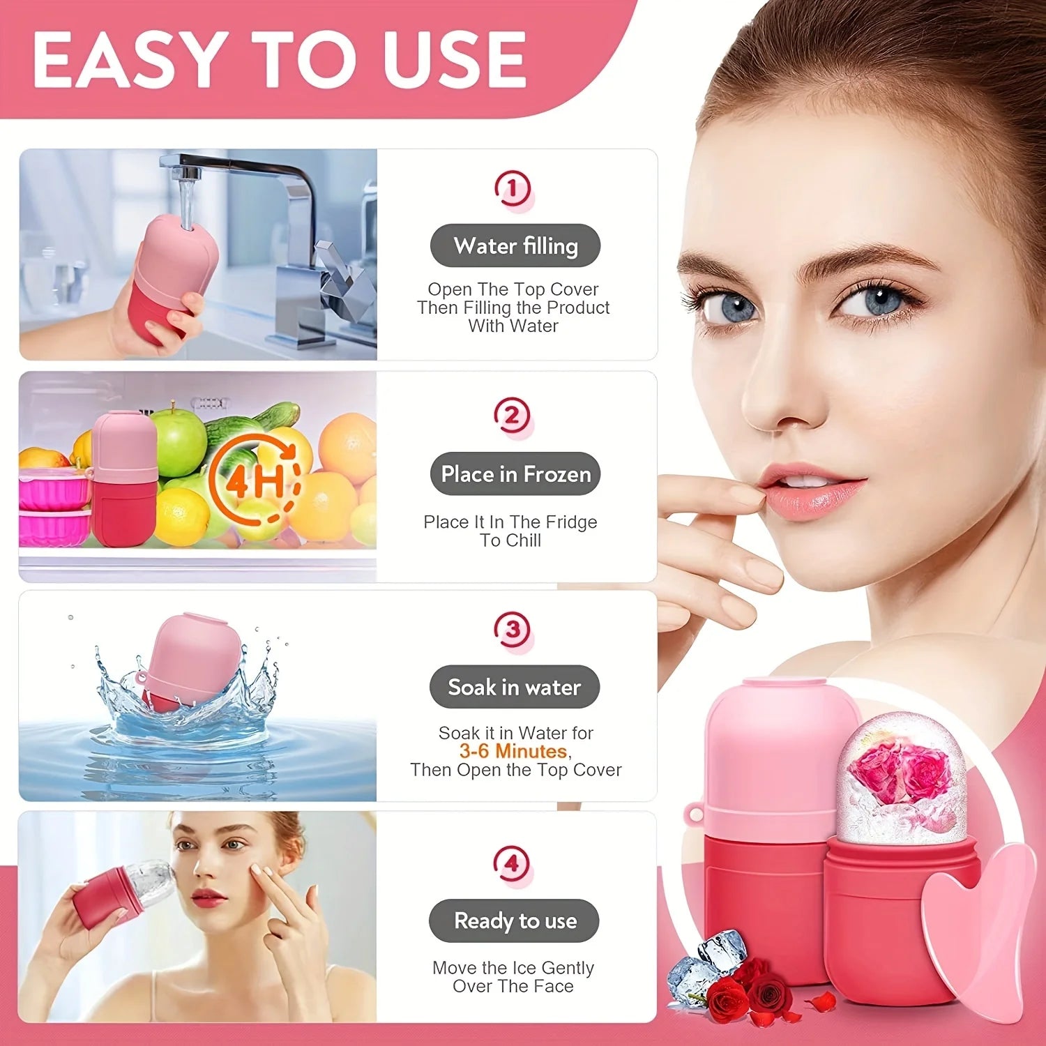 Silicone Facial Ice Cube Tray Reusable Frozen Face & Eye Roller Massage Tool for Depuffing and Skin Firming