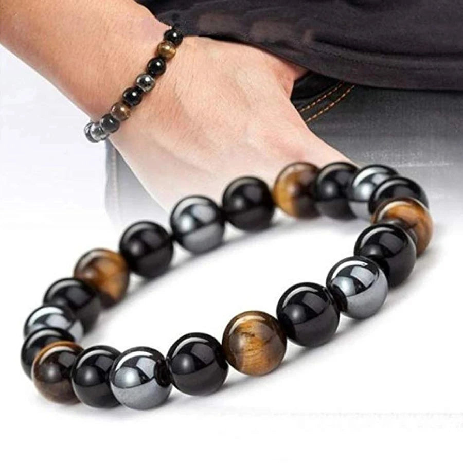 Natural Black Obsidian Hematite Tiger Eye Beaded Bracelet - Unisex Magnetic Stone Bracelet