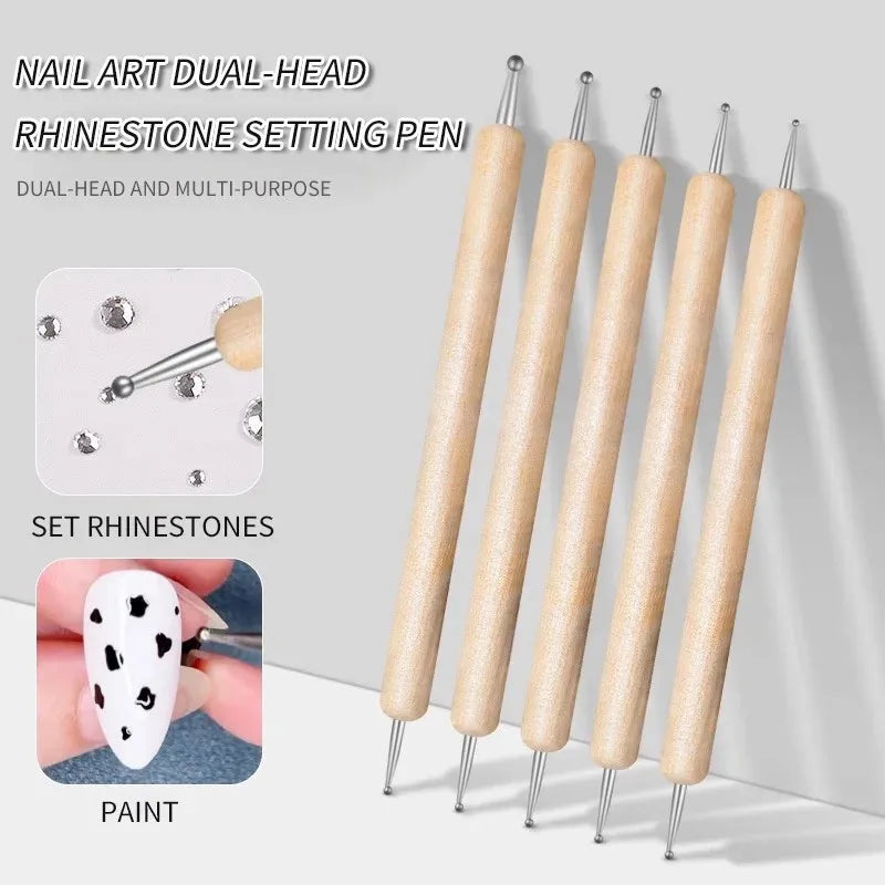 Dual-End Wooden Dotting Pen 5-Pack — Marbleizing Nail Art Tools for Manicure