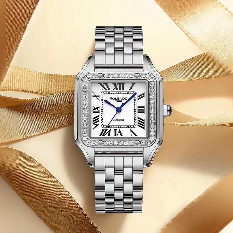 ROLENDO Women's Gold Square Santos-Style Watch 33mm Sapphire Crystal Zircon Accents Roman Dial 50M Automatic