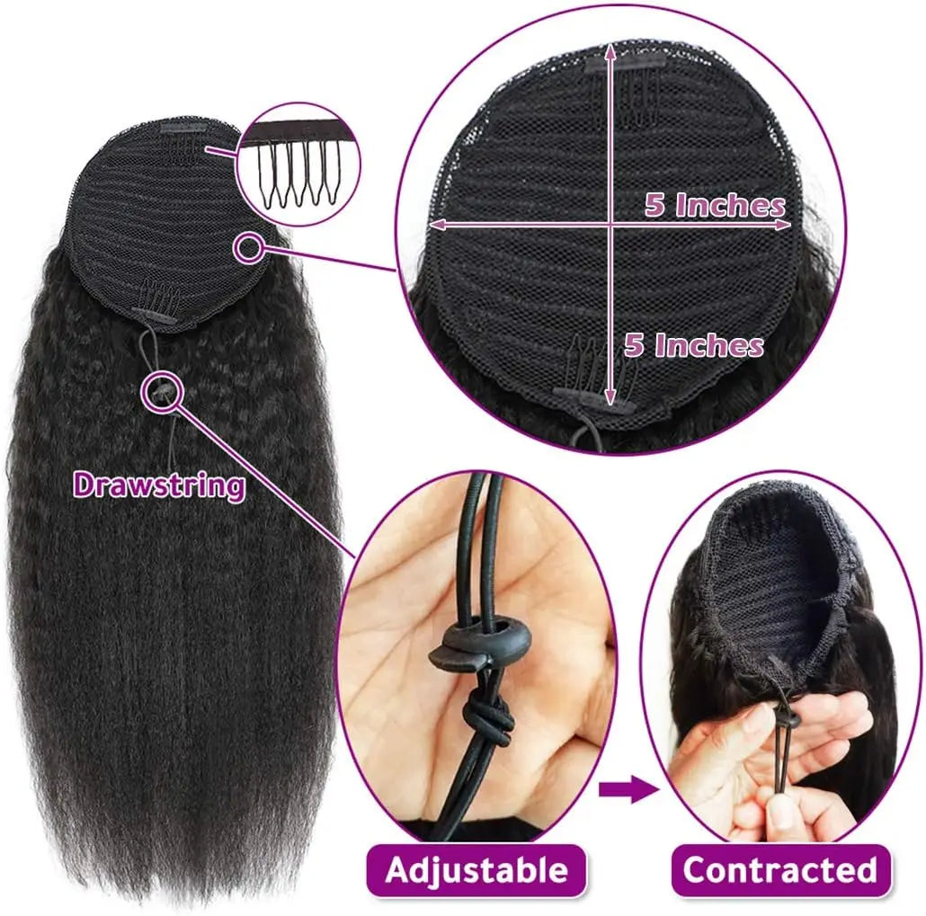 Kinky Straight Wrap-Around Drawstring Ponytail 100% Remy Brazilian Human Hair Extension Natural Black (1B)
