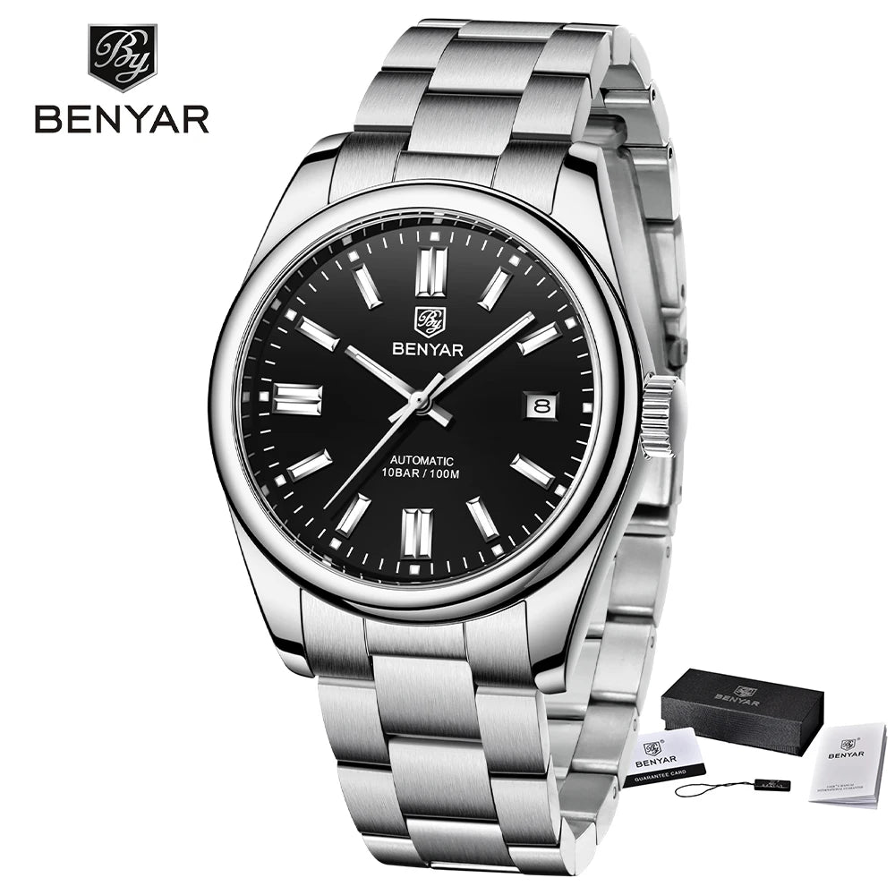 BENYAR Men’s Luxury Stainless Steel Mechanical Automatic Watch – 10 Bar Waterproof Luminous Sports Timepiece