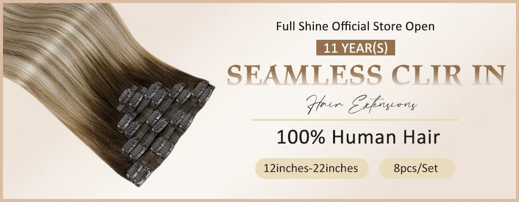 Full Shine Ombre Blonde Remy Clip-In Hair Extensions — 8-Piece Set, 16–22 in (40–56 cm) Seamless PU Weft