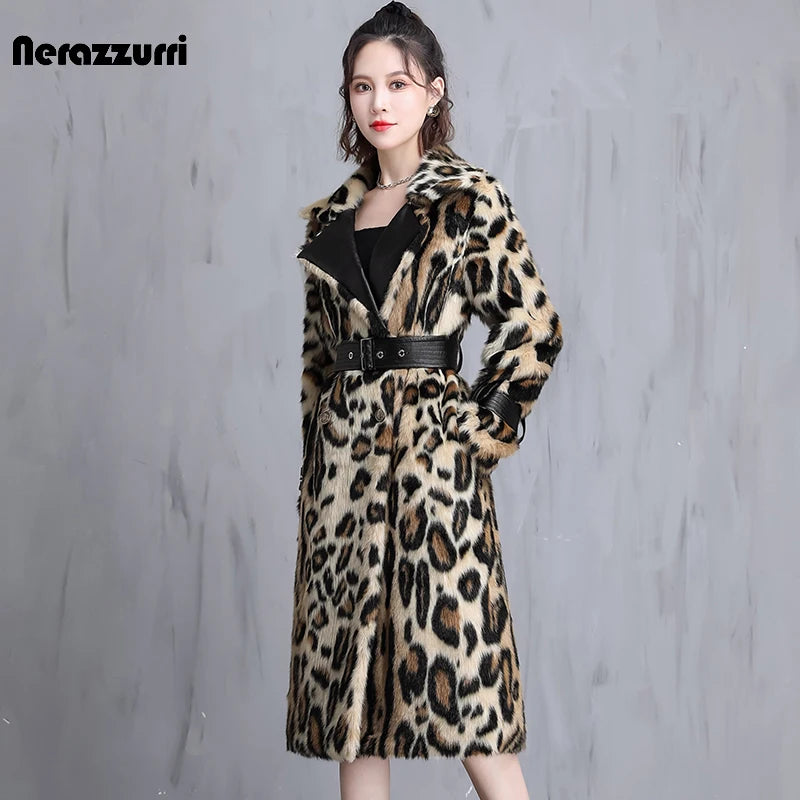 Nerazzurri Leopard Print Faux Fur Long Coat with Adjustable Leather-Style Belt - Women's Warm Plush Winter Jacket