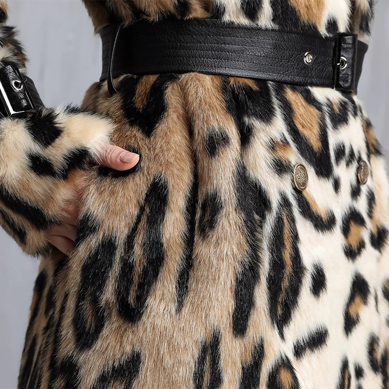 Nerazzurri Leopard Print Faux Fur Long Coat with Adjustable Leather-Style Belt - Women's Warm Plush Winter Jacket
