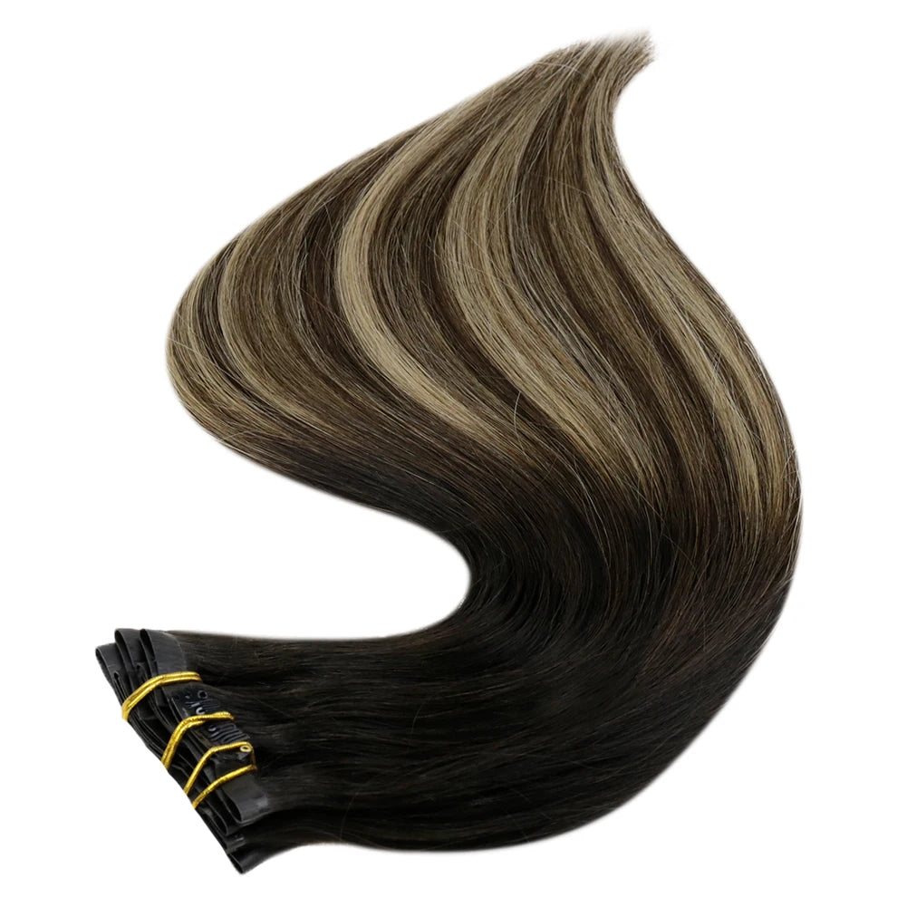 Full Shine Ombre Blonde Remy Clip-In Hair Extensions — 8-Piece Set, 16–22 in (40–56 cm) Seamless PU Weft