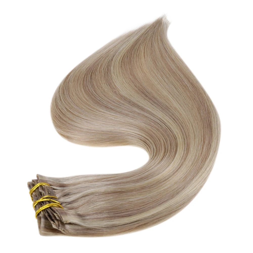Full Shine Ombre Blonde Remy Clip-In Hair Extensions — 8-Piece Set, 16–22 in (40–56 cm) Seamless PU Weft